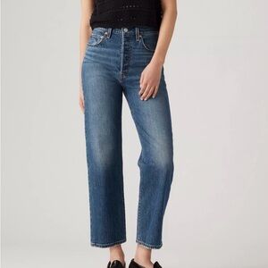 Levi's Women's Ribcage Straight Ankle Jeans Dark-Medium Wash Raw Hem - Size 28